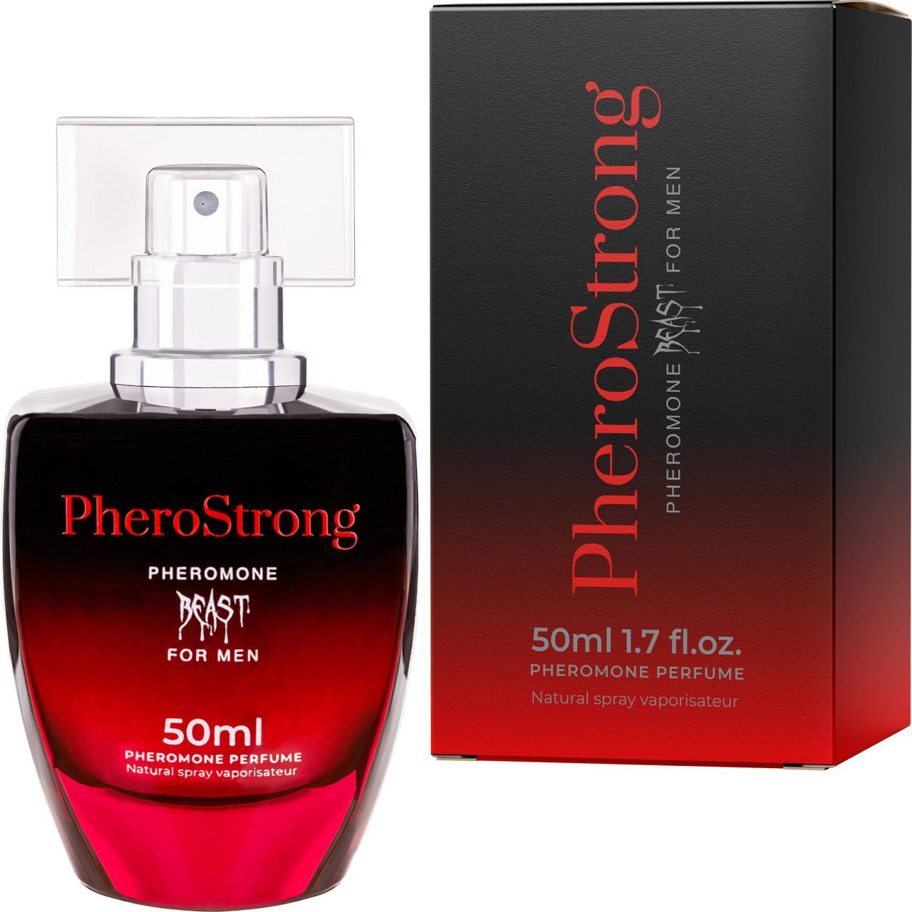 PheroStrong Profumo feromoni uomo, flacone da 50ml con spray e confezione.