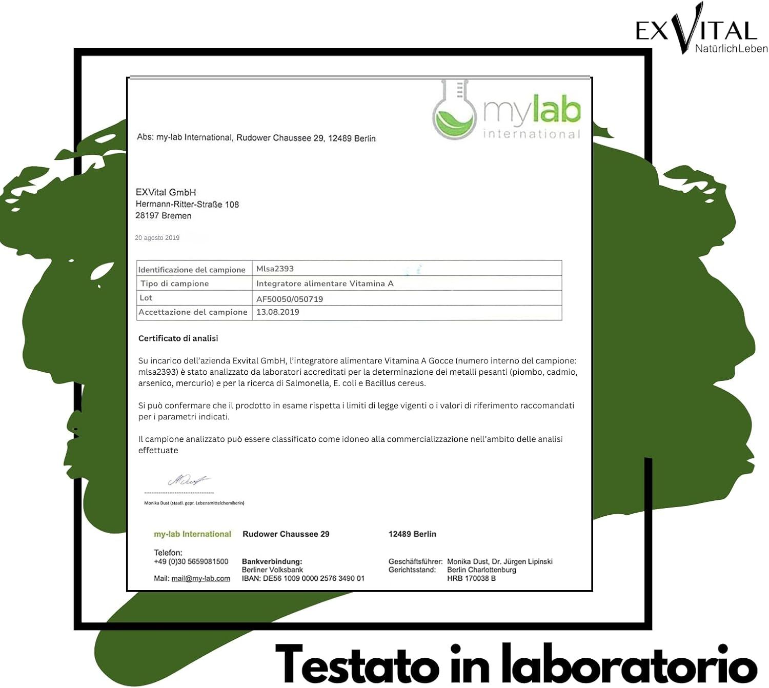 Rapporto di laboratorio per le gocce di vitamina A EXVital con risultato del test.