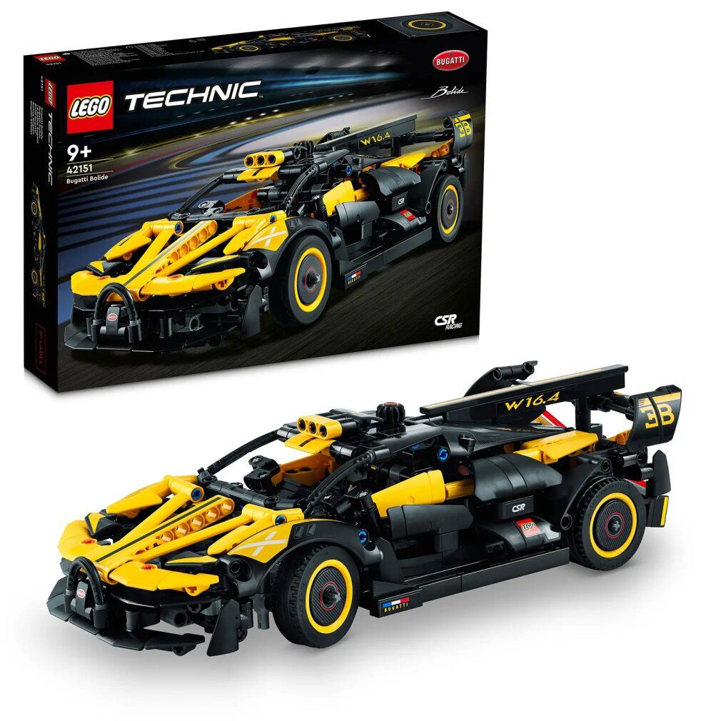 LEGO Technic 42151 Bugatti Bolide. Modello di auto giallo e nero con confezione. Scatola nera con logo e nome del prodotto. Il modello ha ruote e spoiler.