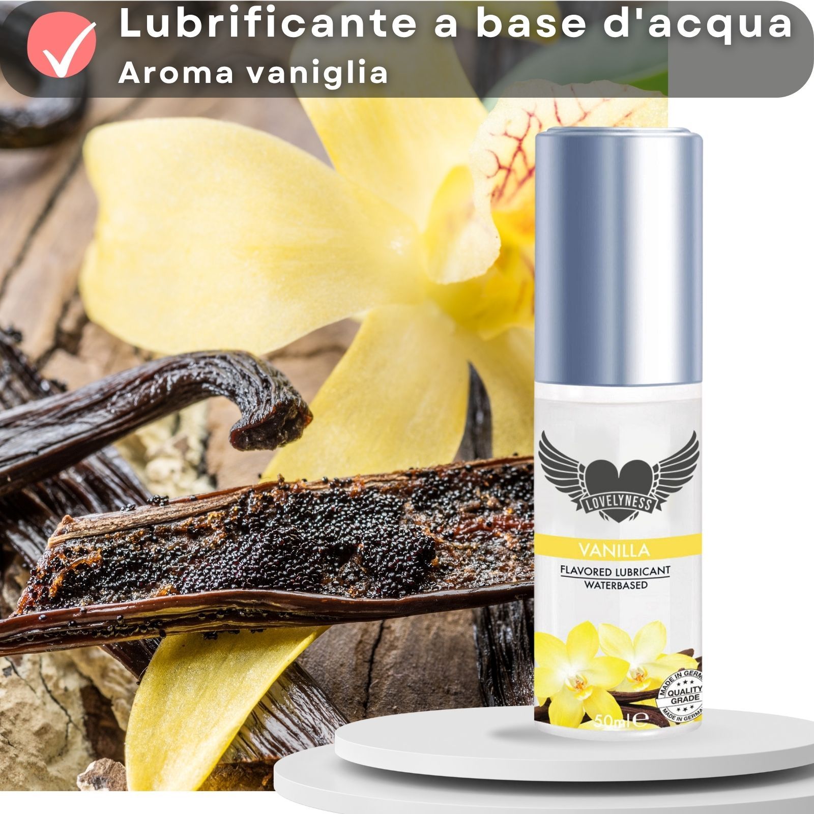 Lubrificante a base d'acqua. Aroma vaniglia. Flacone con tappo argentato. Fiori e baccelli di vaniglia.