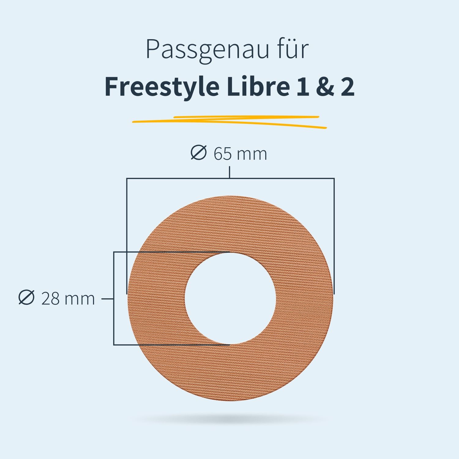 Cerotto rotondo con foro centrale. Diametro 65 mm e 28 mm. Testo: Vestibilità perfetta per Freestyle Libre 1 & 2.
