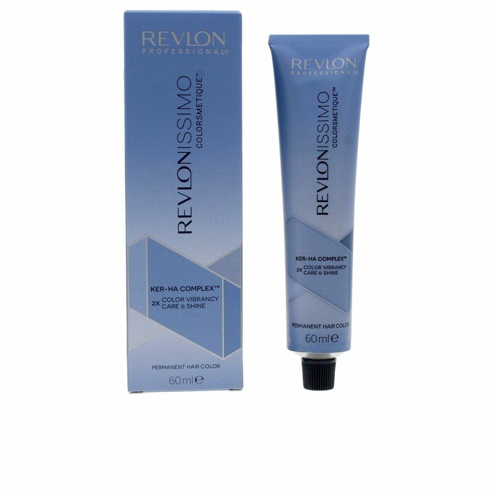 Tubo e scatola blu. Scritta: Revlonissimo Colorsmetique, Ker-HA Complex, Permanent Hair Color. 60ml.