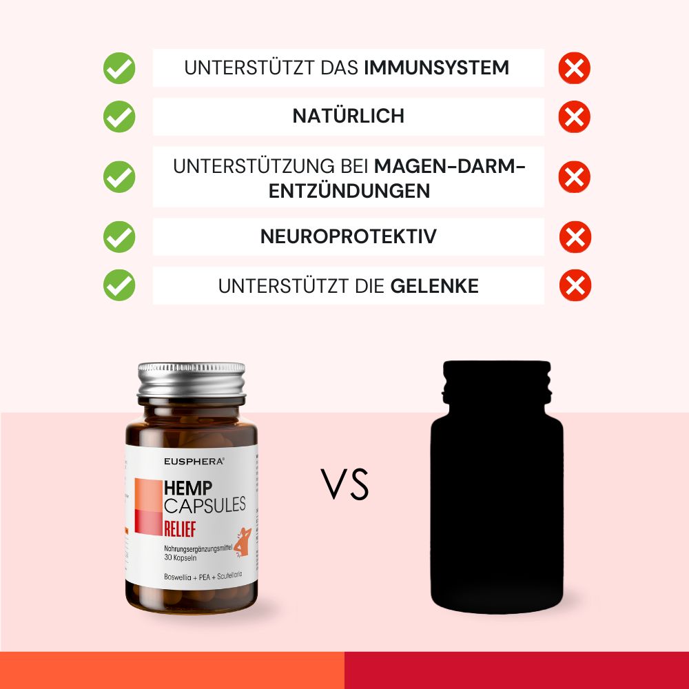 Flacone di vetro marrone con capsule. Scritta: HEMP CAPSULES RELIEF. Confronto con sagoma nera.