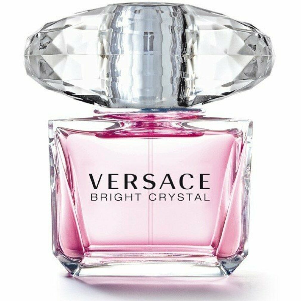 Flacone rosa con tappo di cristallo. Scritta Versace Bright Crystal. Forma quadrata.