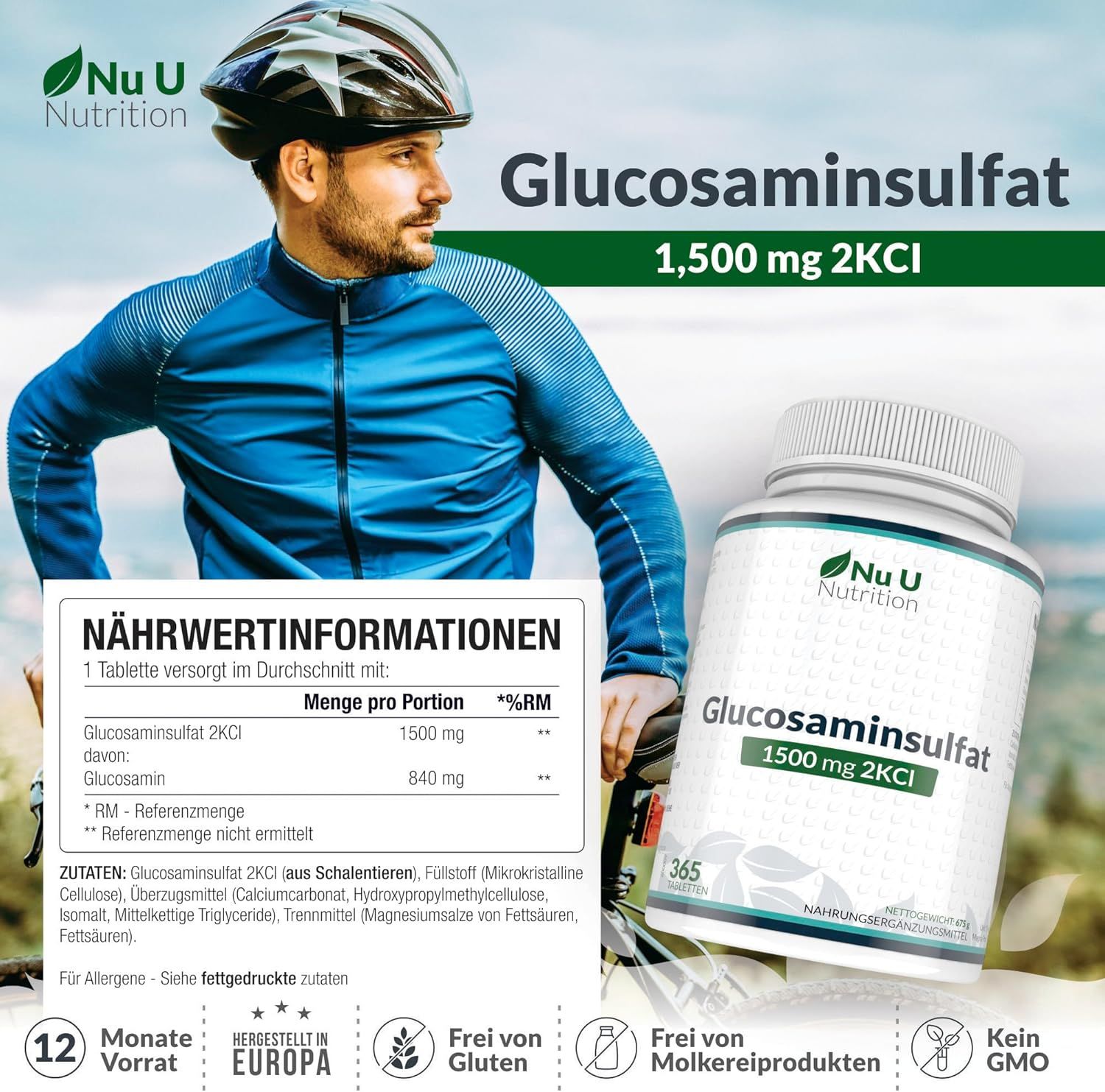 Flacone bianco di Nu U Nutrition Glucosamina Solfato 1500mg 2KCI. Scritta: 365 compresse. Uomo con casco da bici sullo sfondo.