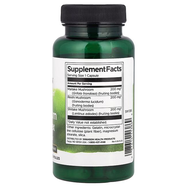 Retro di un flacone verde con tappo nero. Etichetta con informazioni nutrizionali: Maitake, Reishi, Shiitake. Ingredienti.