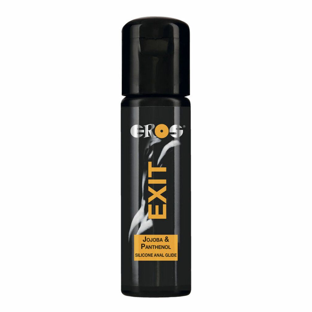 Flacone nero con tappo nero. Scritta: EROS EXIT, Jojoba & Panthenol, SILICONE ANAL GLIDE.