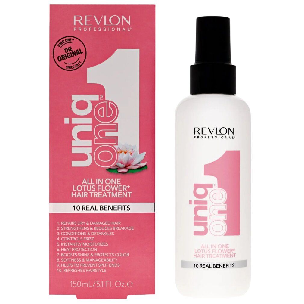 Confezione e flacone rosa. Flacone bianco con erogatore nero. Testo: Uniq One, All in One Lotus Flower Hair Treatment.