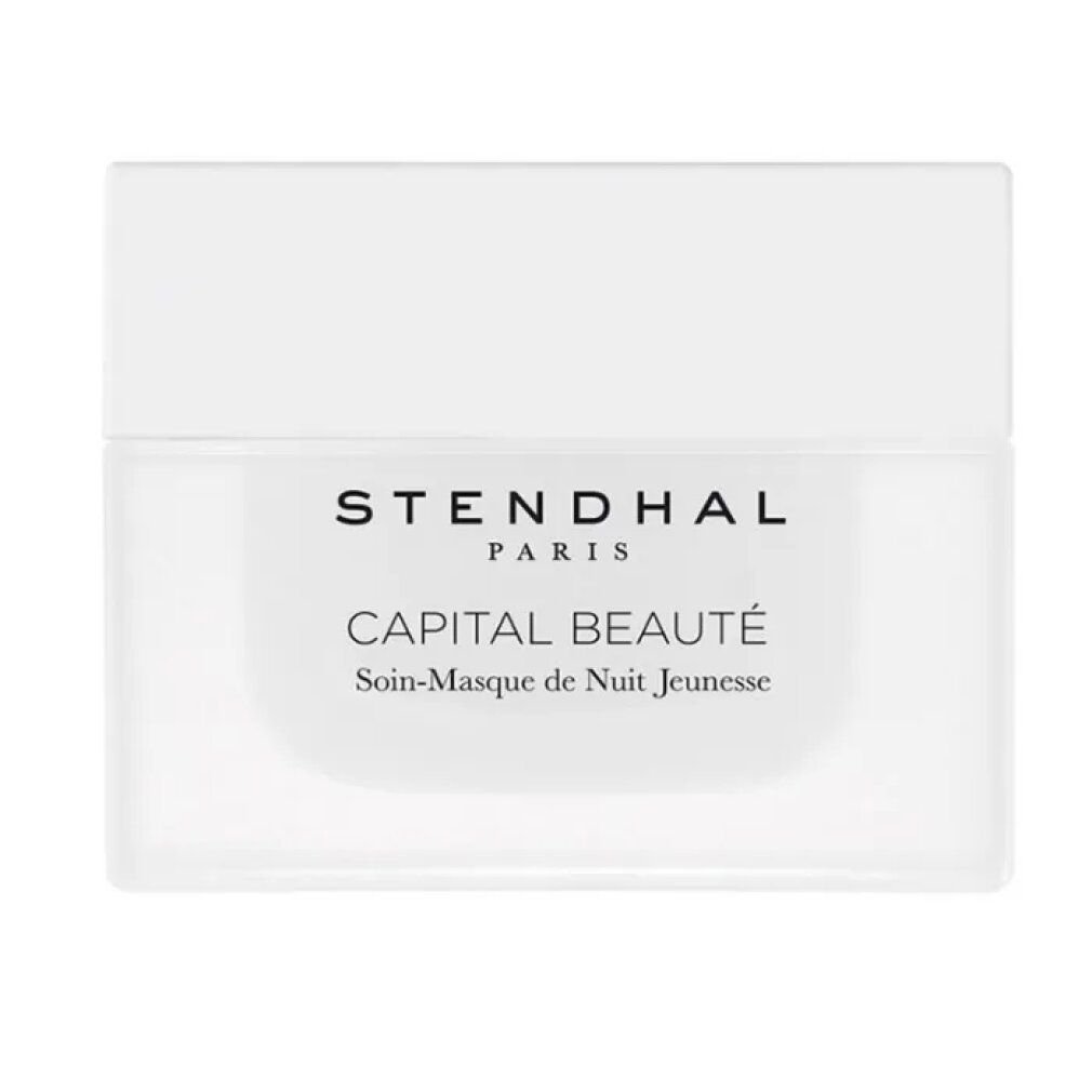 Vasetto bianco con coperchio. Scritta: STENDHAL PARIS, CAPITAL BEAUTÉ, Soin-Masque de Nuit Jeunesse.