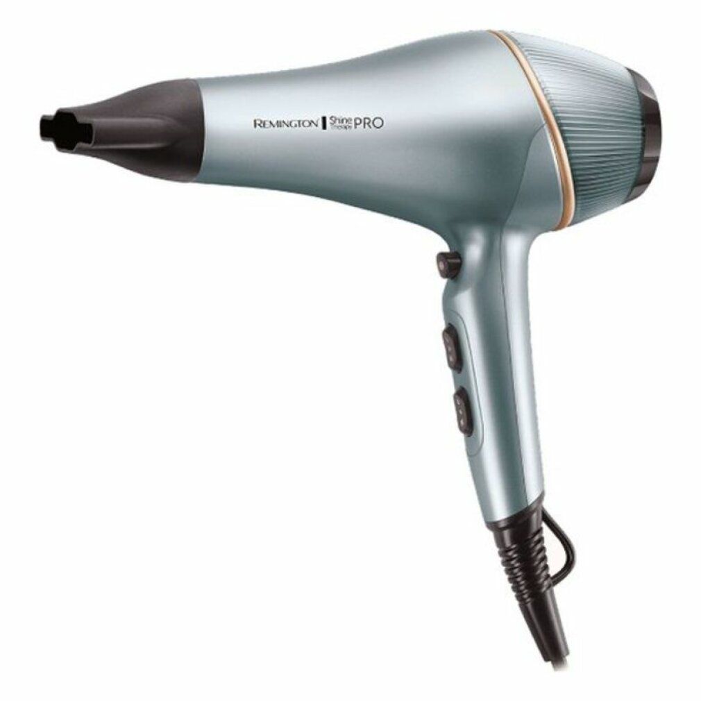 Asciugacapelli blu metallizzato. Marca: Remington Shine Therapy PRO. Cavo nero, tre interruttori.