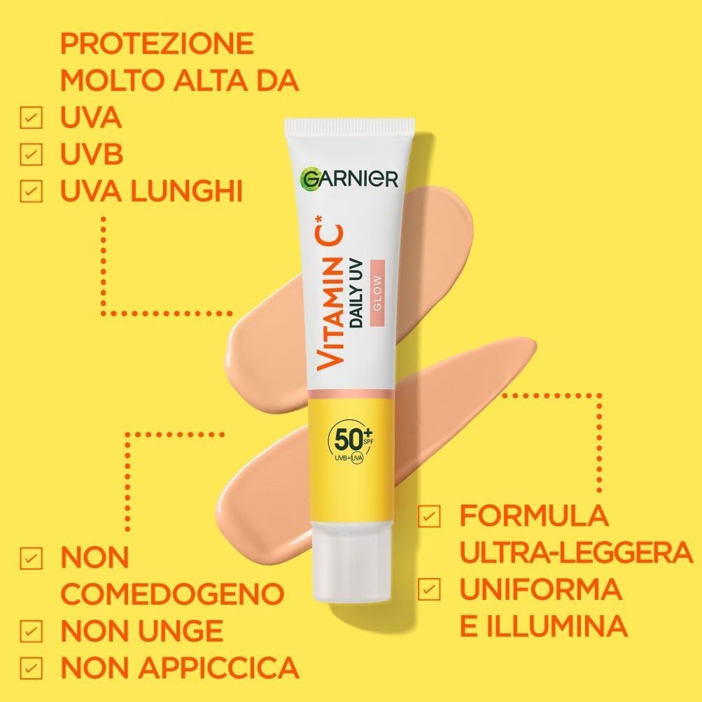 Garnier Vitamin C crema solare. Tubo e testo: Alta protezione UV, non comedogeno, non grasso, non appiccicoso.