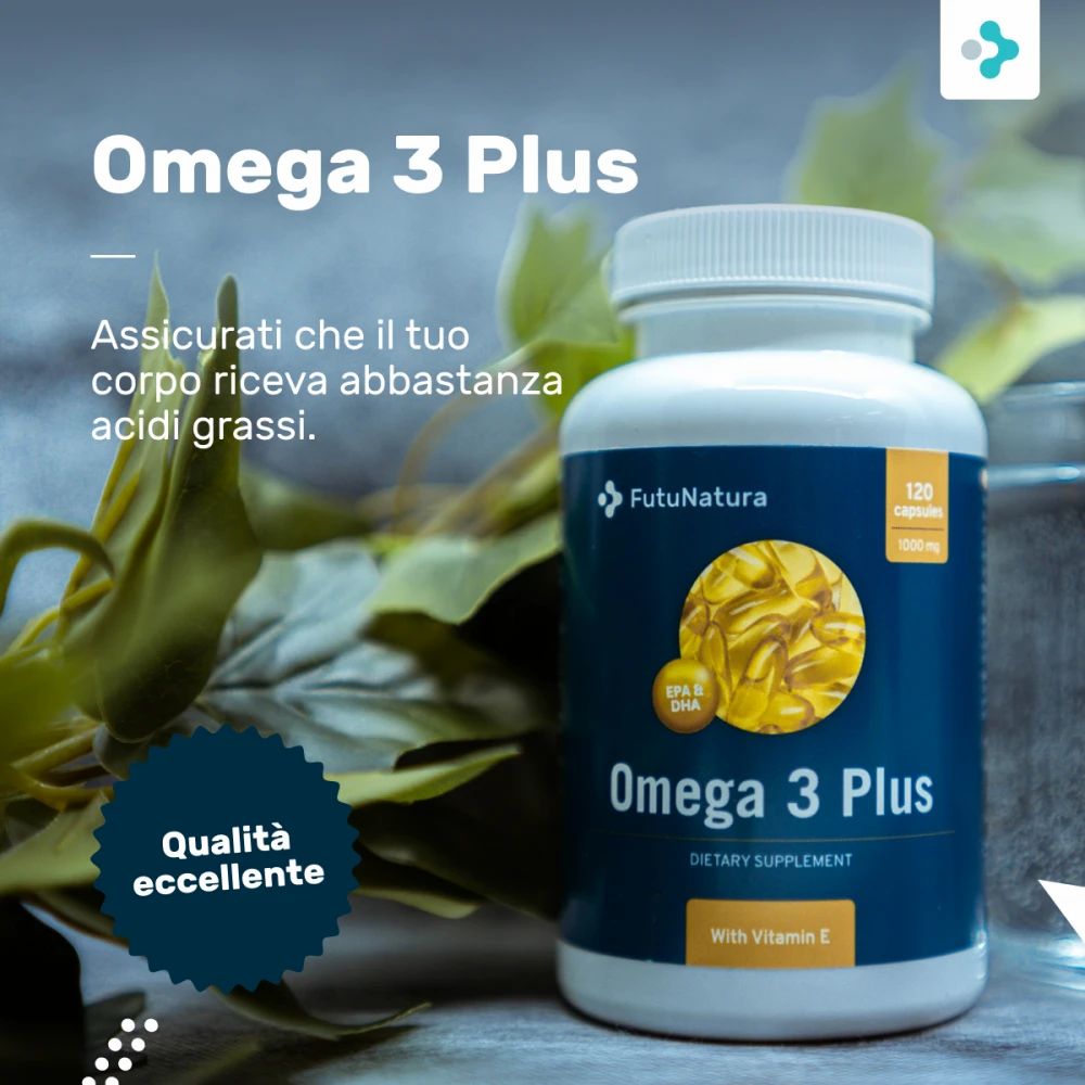 Flacone Omega 3 Plus. Testo: Assicurati che il tuo corpo riceva abbastanza acidi grassi.