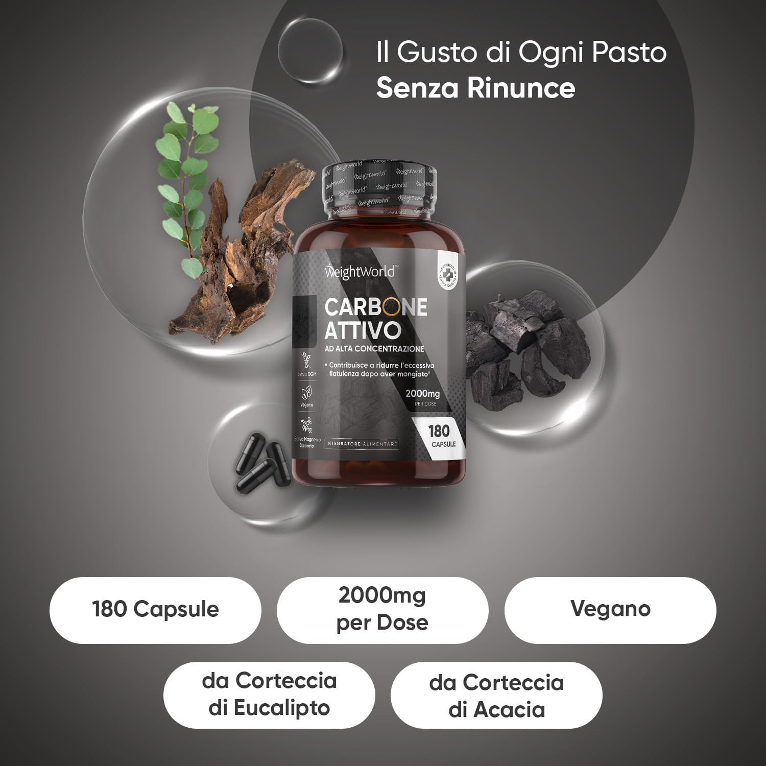 Flacone Carbone Attivo con 180 capsule. 2000mg per dose. Da eucalipto e acacia. Vegano.