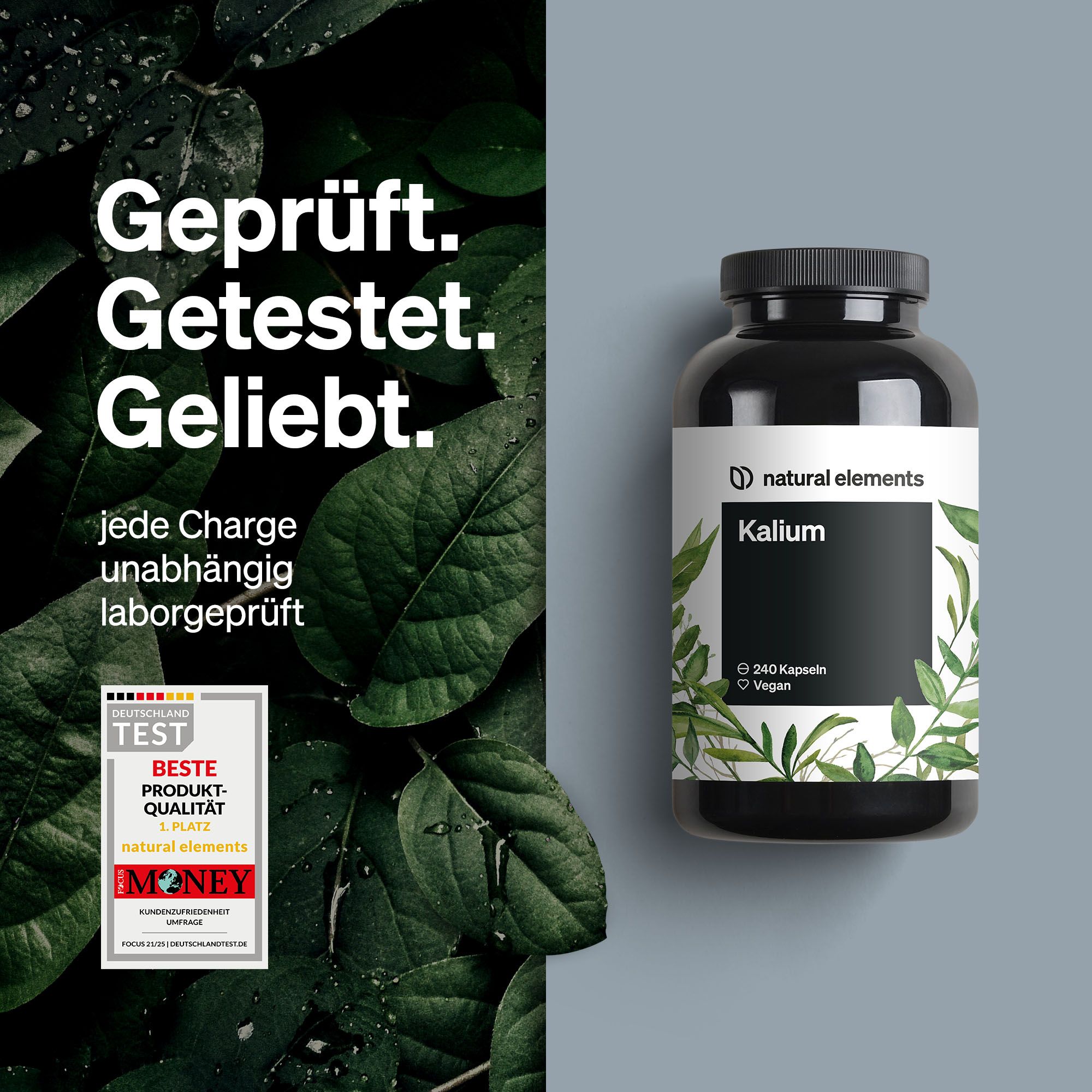 Flacone nero con etichetta bianca. Testo: Kalium, 240 capsule, Vegan. Sigillo: Verificato. Testato. Amato.