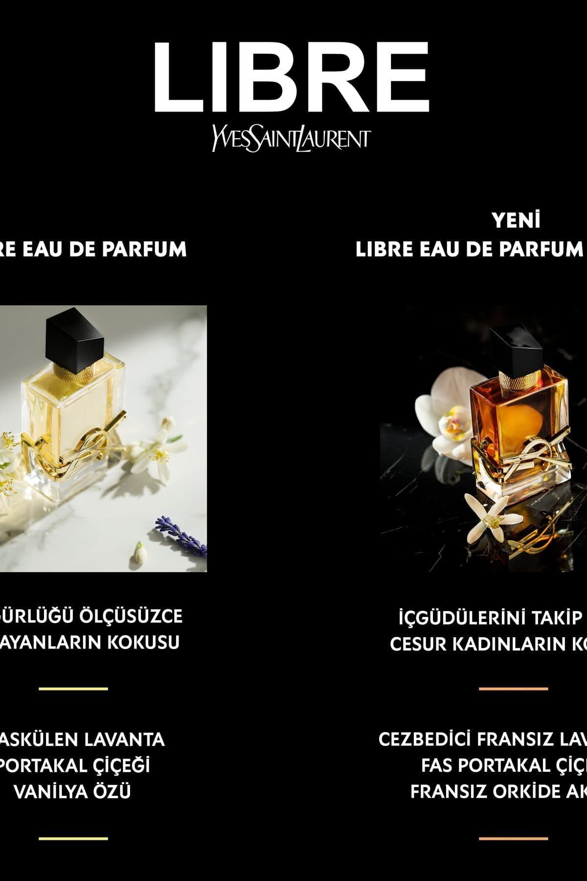 Due flaconi. Testo: LIBRE, Yves Saint Laurent. Testo in turco: YENI, ICGÜDÜLERINI TAKIP EDENLERIN KOKUSU.
