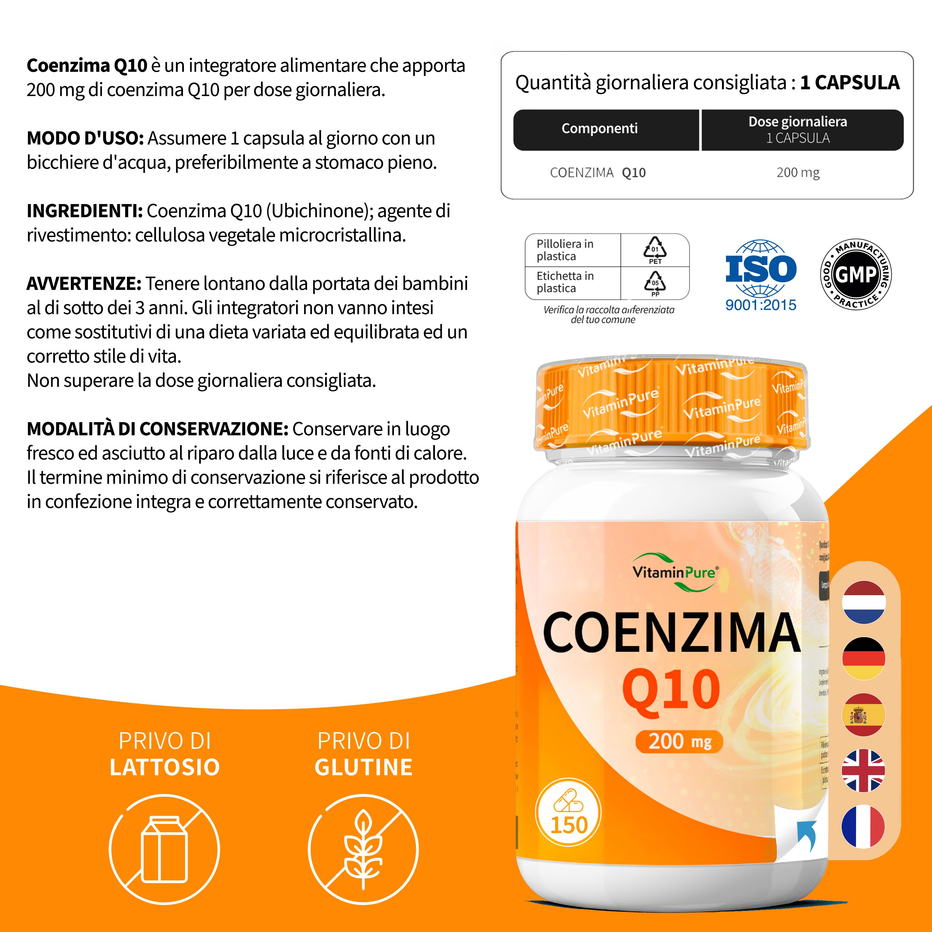 Flacone di Coenzima Q10 200 mg, con sigilli ISO e GMP.