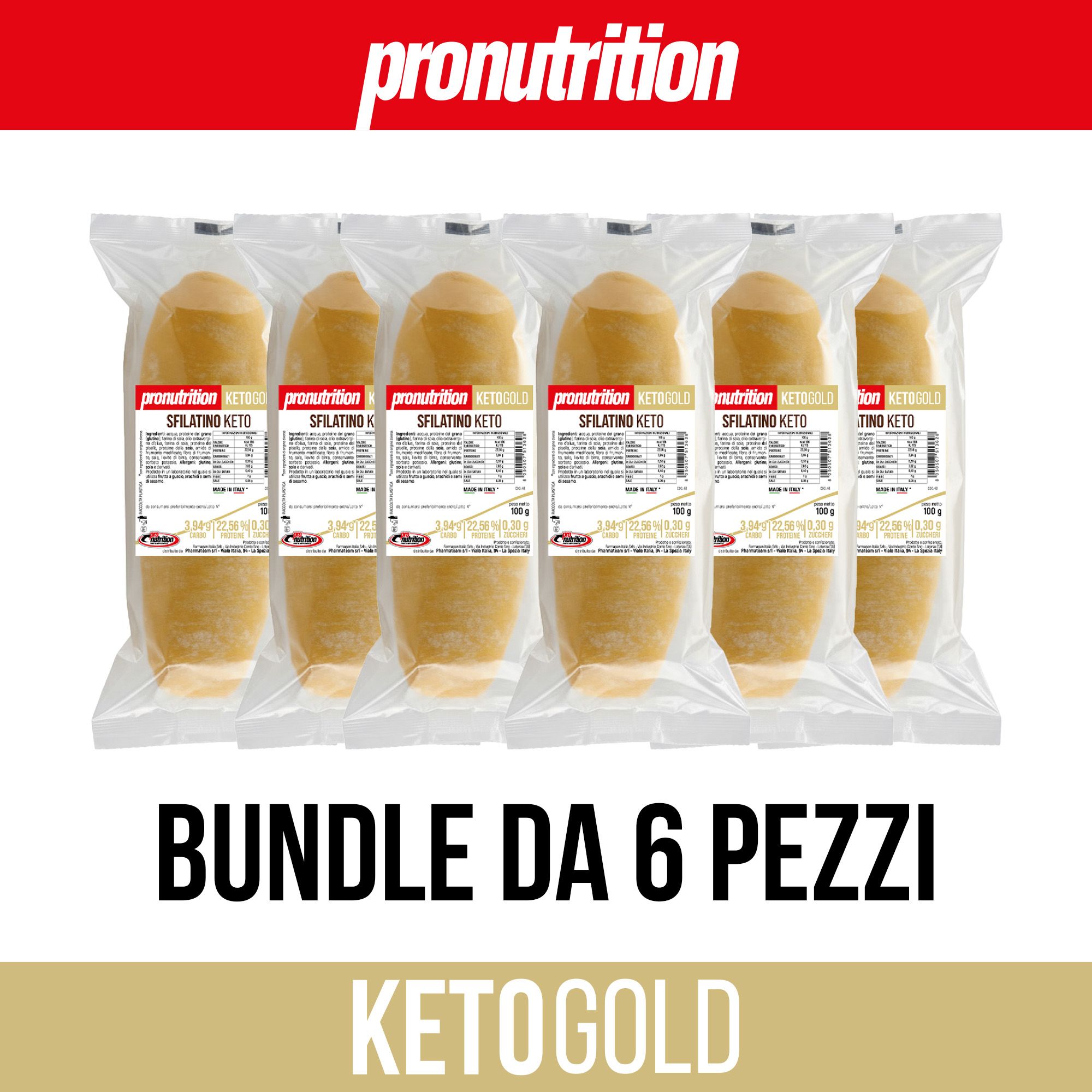 6 confezioni di pane. Scritta: Pronutrition, Sfilatino Keto, Ketogold. "Bundle da 6 pezzi".