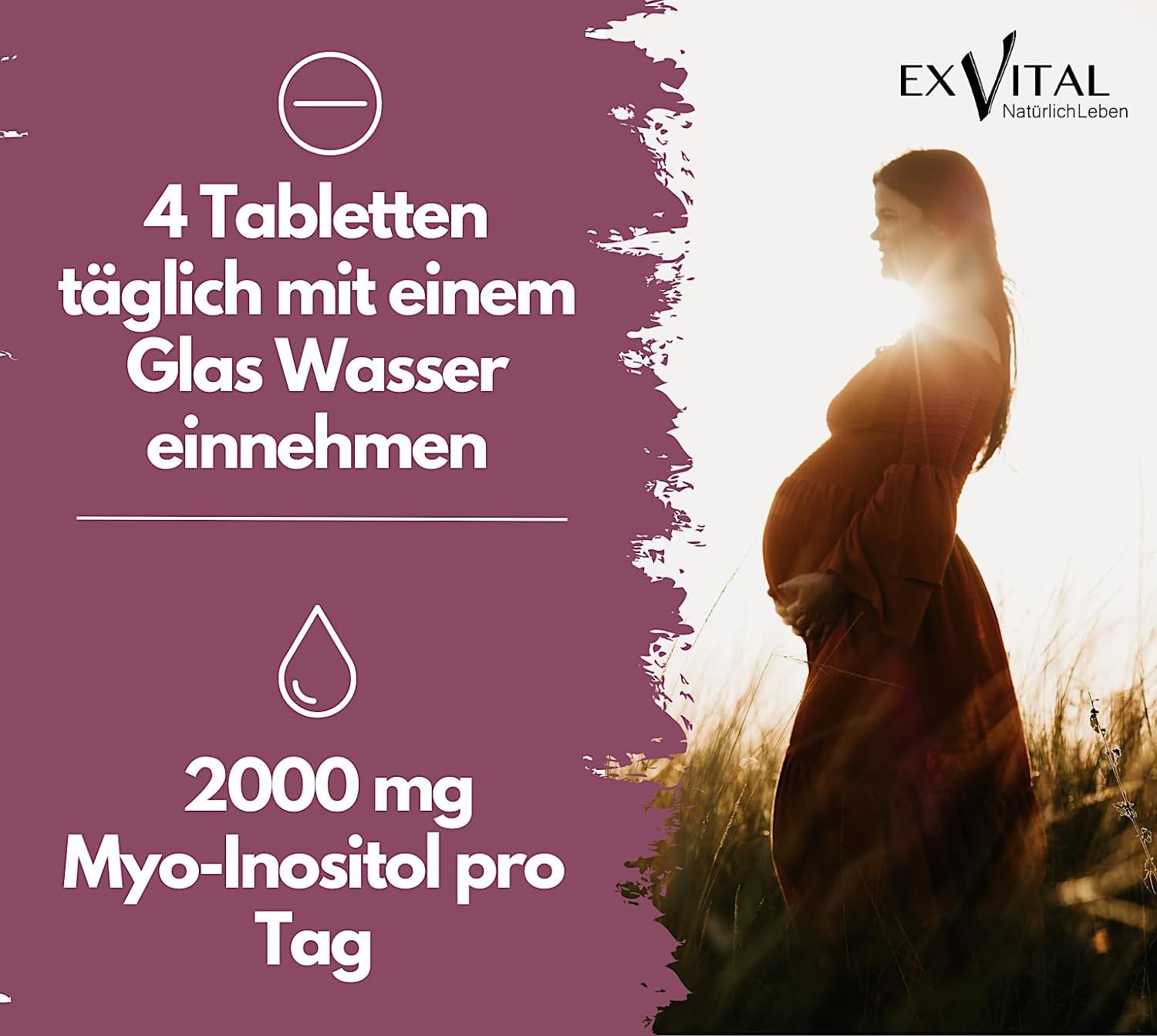 Donna incinta in controluce. Testo: 4 compresse al giorno con acqua. 2000 mg Myo-Inositolo al giorno. Logo EXVital.