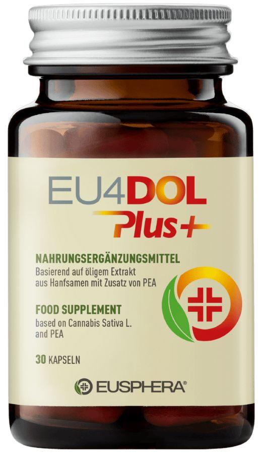 Flacone di vetro marrone con capsule. Scritta EU4DOL Plus+. Integratore alimentare. 30 capsule.