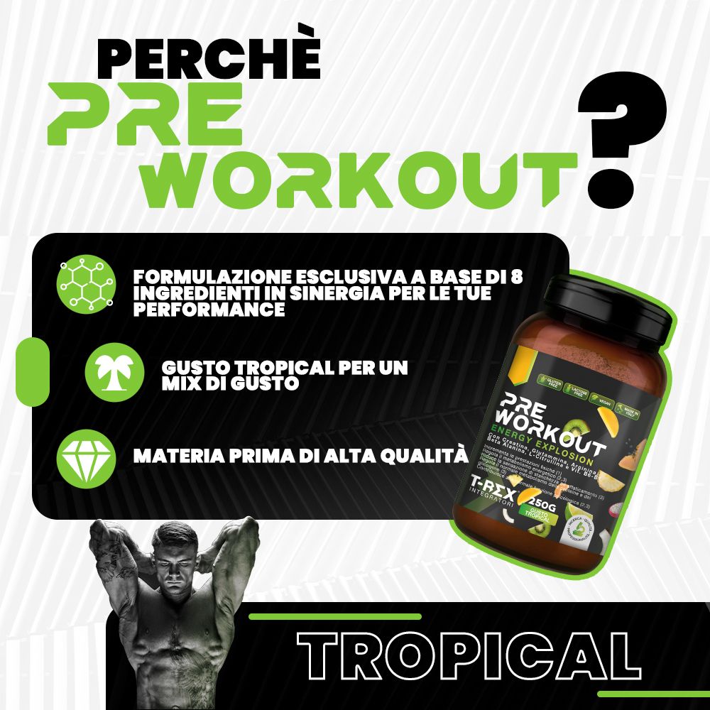 Immagine pubblicitaria con barattolo 'Pre Workout'. Testo: 'Perché Pre Workout?'. Contiene informazioni sugli ingredienti e il gusto.