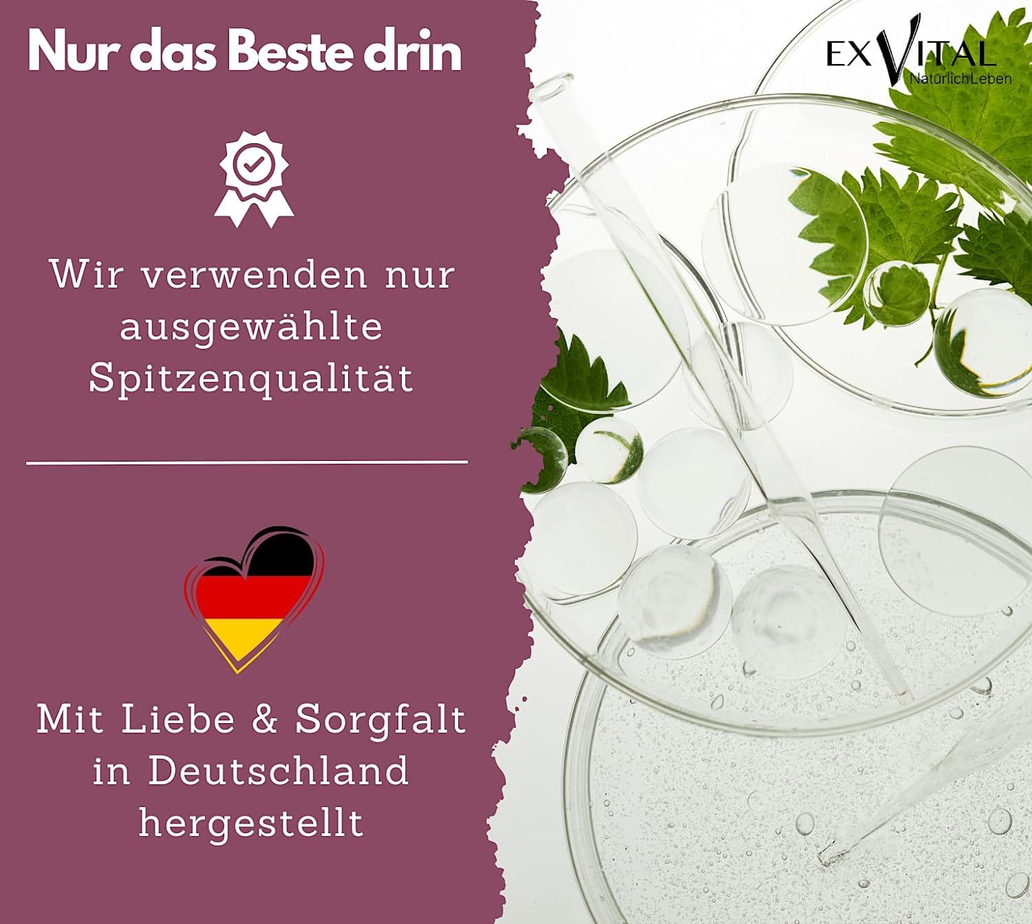 Strumenti di laboratorio e foglie. Testo: Utilizziamo solo qualità superiore selezionata. Prodotto con amore e cura in Germania. Logo EXVital.
