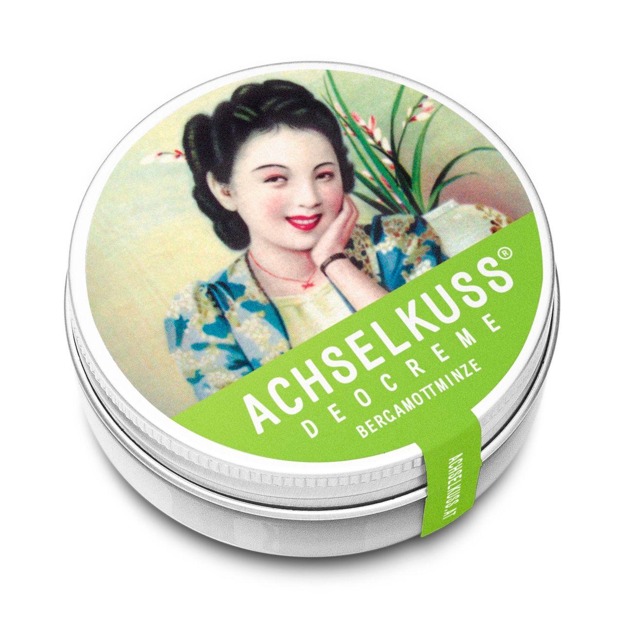 ACHSELKUSS Deocreme Bergamottminze in scatola rotonda, vista laterale con etichetta.