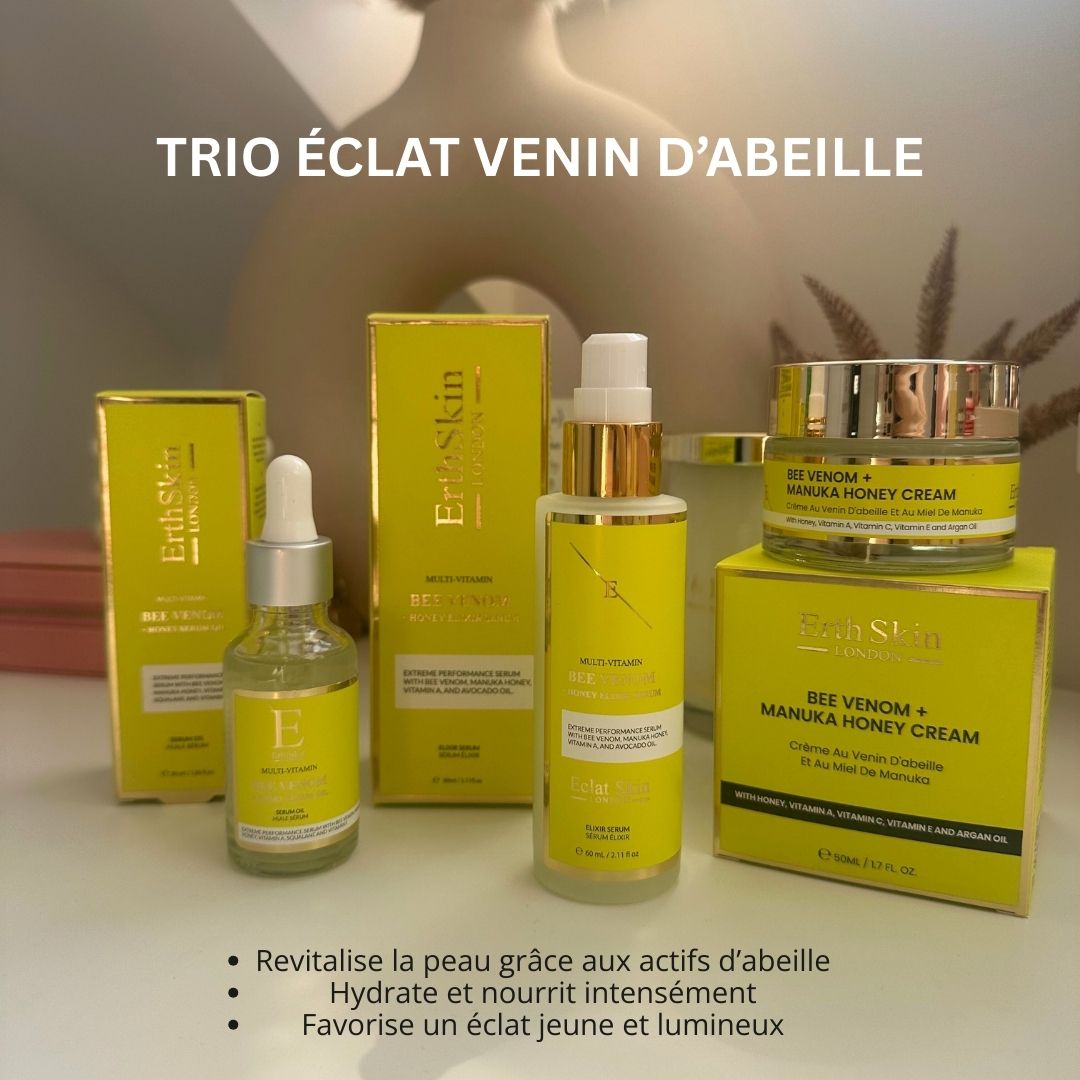Trio ErthSkin con siero, crema e olio. Confezione gialla con testo. Prodotti posizionati su scatole gialle.