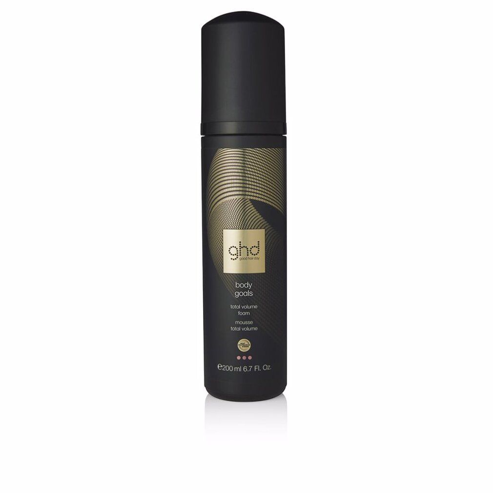 Flacone nero con erogatore nero. Scritta dorata: ghd, body goals, total volume foam. Mousse volumizzante. 200 ml.