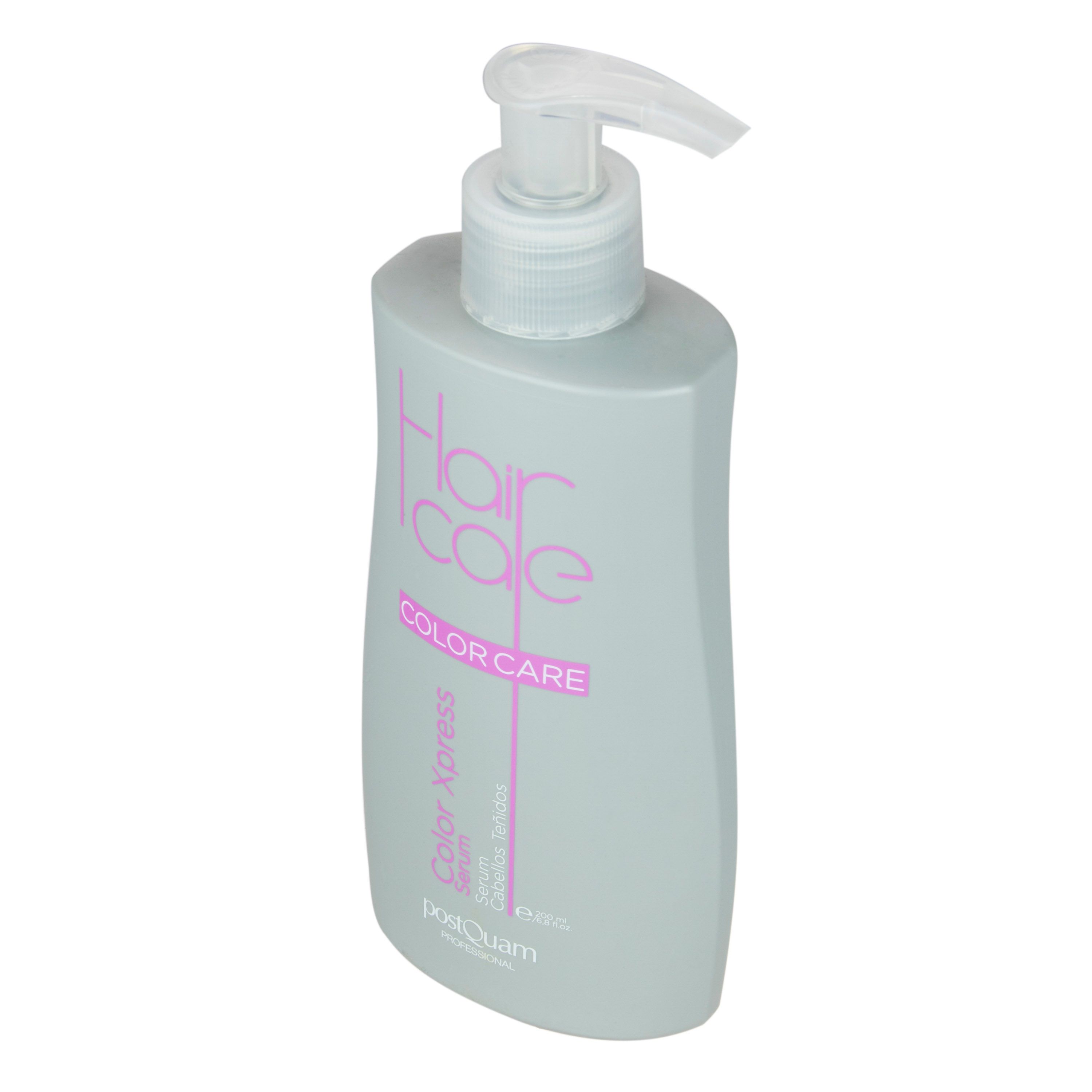 Flacone grigio con pompa, vista obliqua. Scritta: Hair Care, Color Care, Color Xpress Serum. Marchio: Postquam.