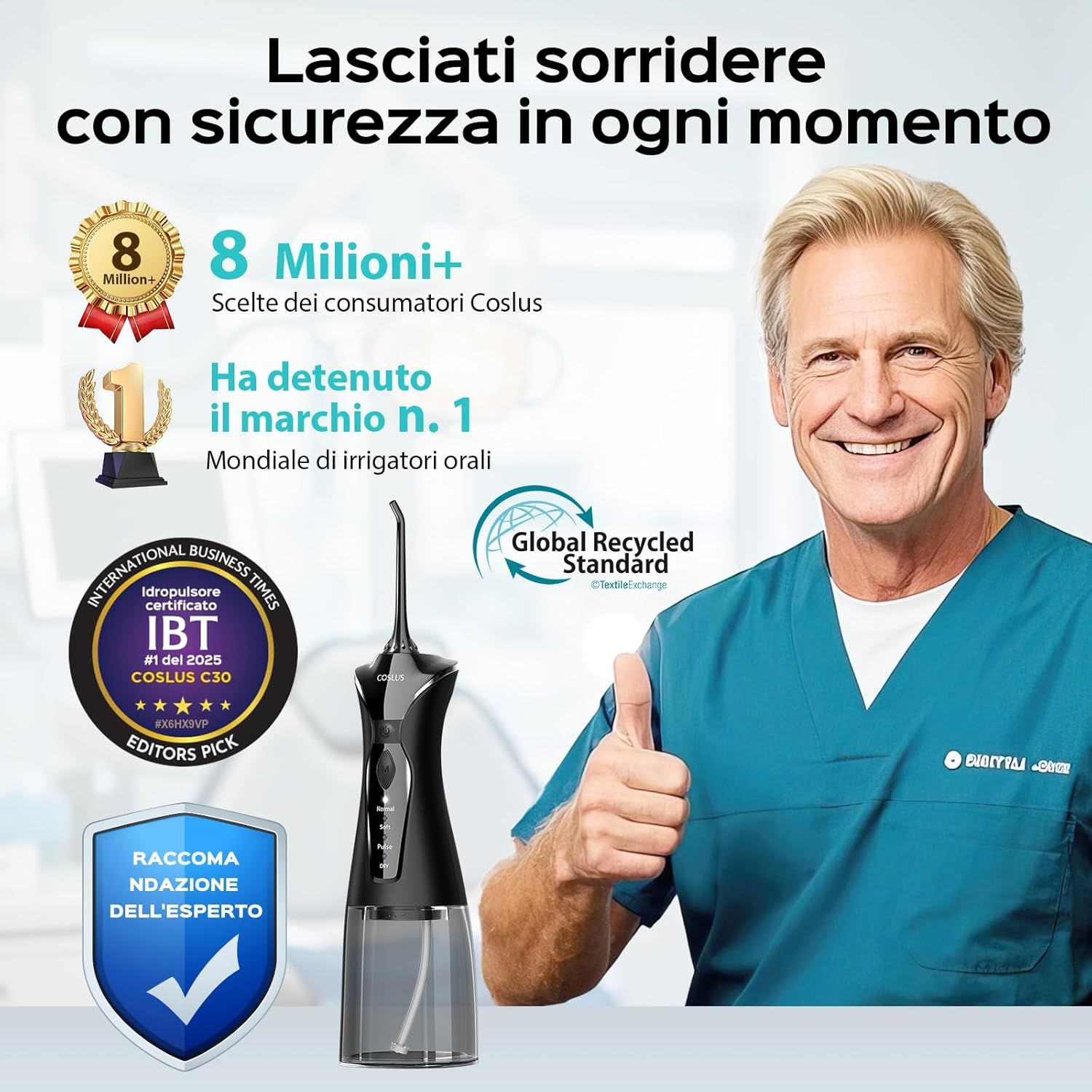 Idropulsore con certificazioni e premi. Uomo sorridente. Include ugelli e accessori. Dispositivo nero.