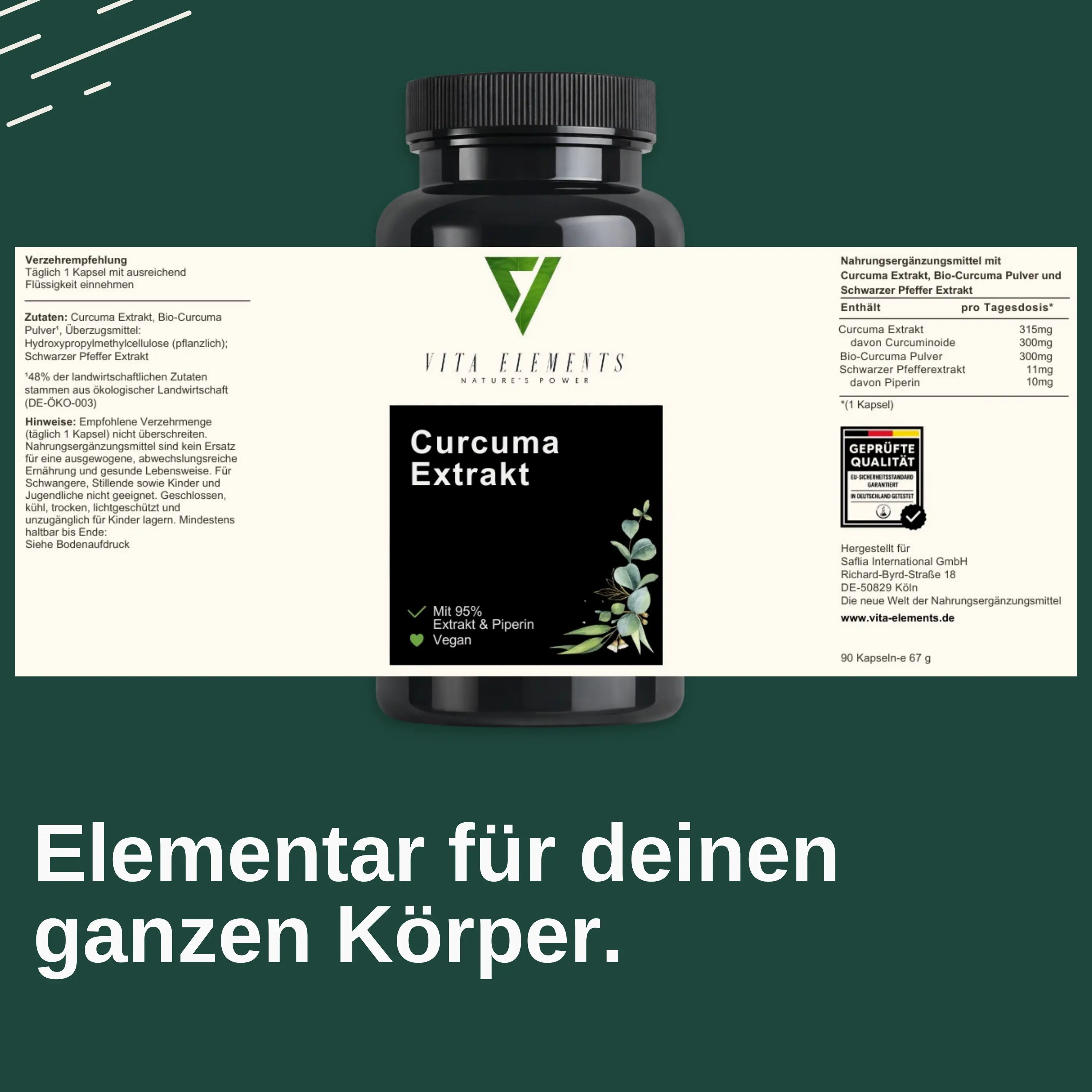Vita Elements Curcuma Estratto: Barattolo con etichetta. Contiene 95% estratto & piperina. Vegano. Qualità testata. 60 capsule.