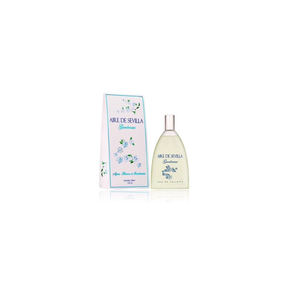 Flacone di profumo e scatola. Scritta: Aire de Sevilla Gardenia. Scatola con motivo floreale. Colore azzurro.