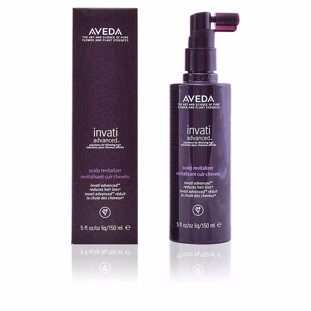 Aveda Invati Advanced Scalp Revitalizer. Flacone con applicatore e confezione. Flacone nero, testo viola. Nome del prodotto visibile.