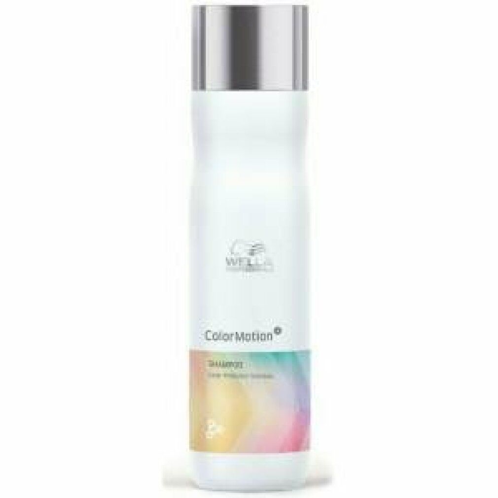 Flacone di shampoo bianco con tappo argentato. Scritta: Wella ColorMotion Shampoo. Adesivo colorato.