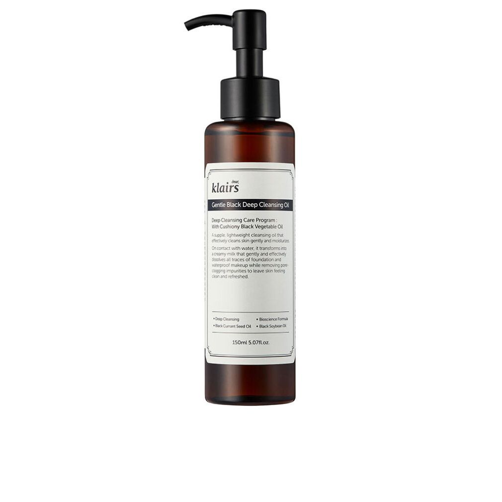 Flacone marrone con erogatore nero. Etichetta con testo. Nome prodotto: Gentle Black Deep Cleansing Oil.