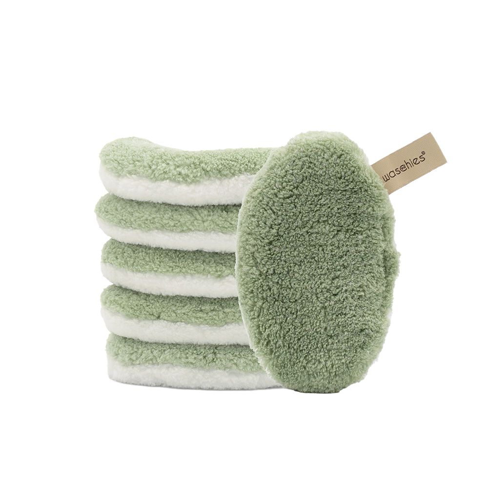 6 dischetti struccanti verdi e bianchi, accanto a un singolo dischetto con etichetta. Scritta: waschies.