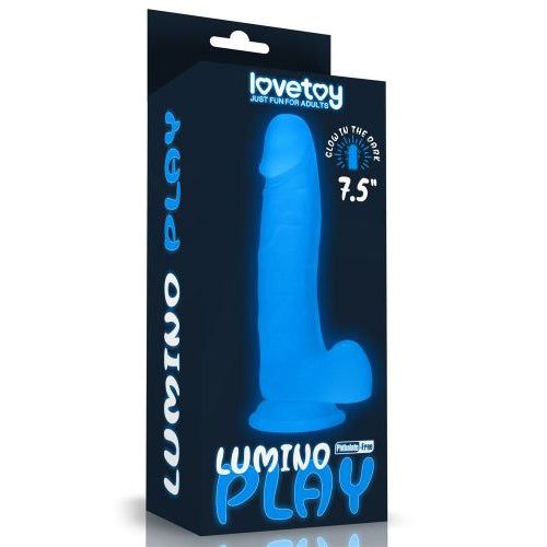 Confezione: scatola nera con design dildo blu brillante. Testo: LUMINIO PLAY, 7.5".