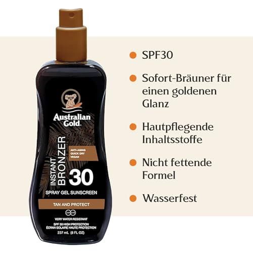 Spray gel solare con bronzer istantaneo. SPF 30. Resistente all'acqua. Formula non grassa. Contiene ingredienti curativi.