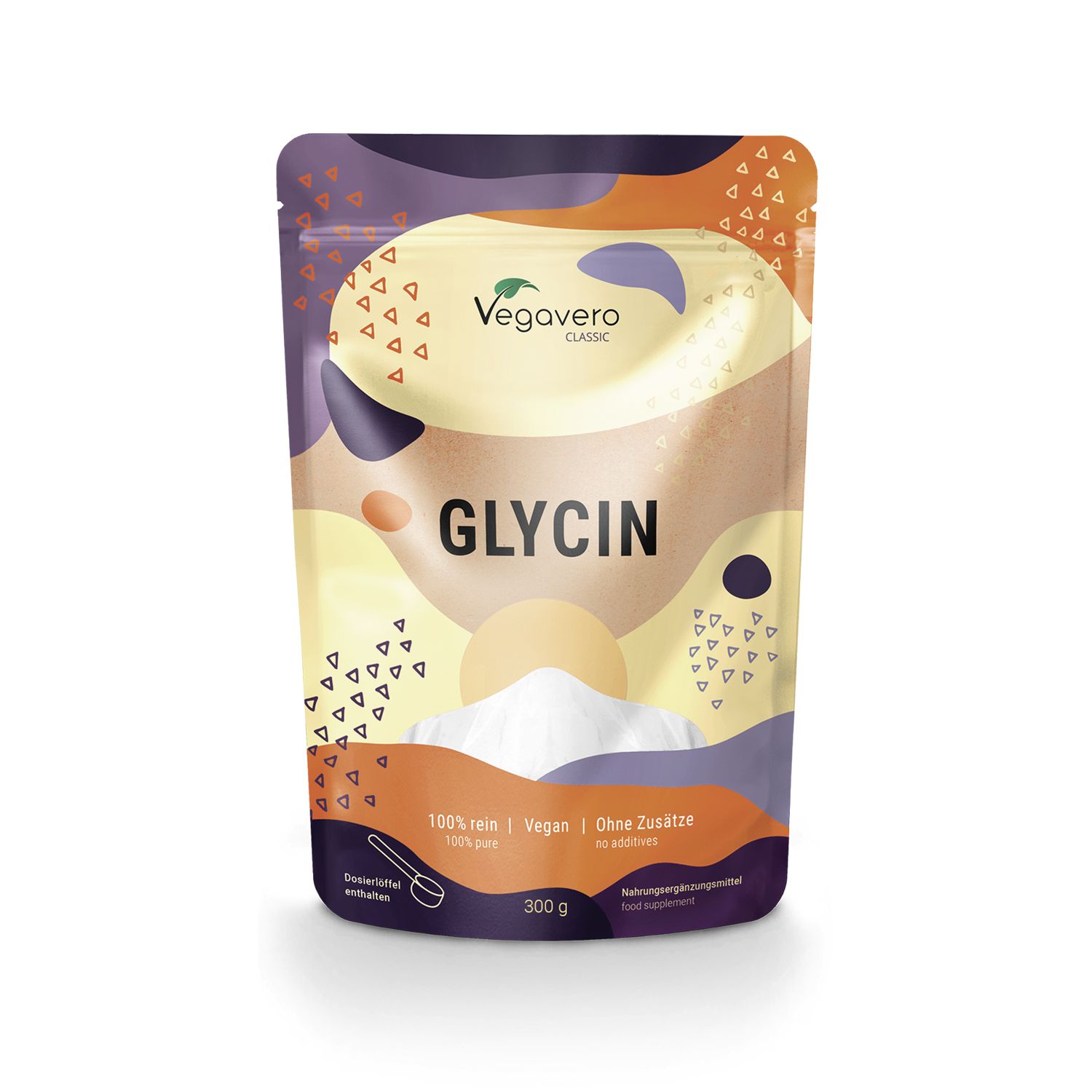 Busta di polvere di glicina. Scritta: Vegavaro, Glicina, 100% pura, vegana, senza additivi. Contiene misurino, 300g.