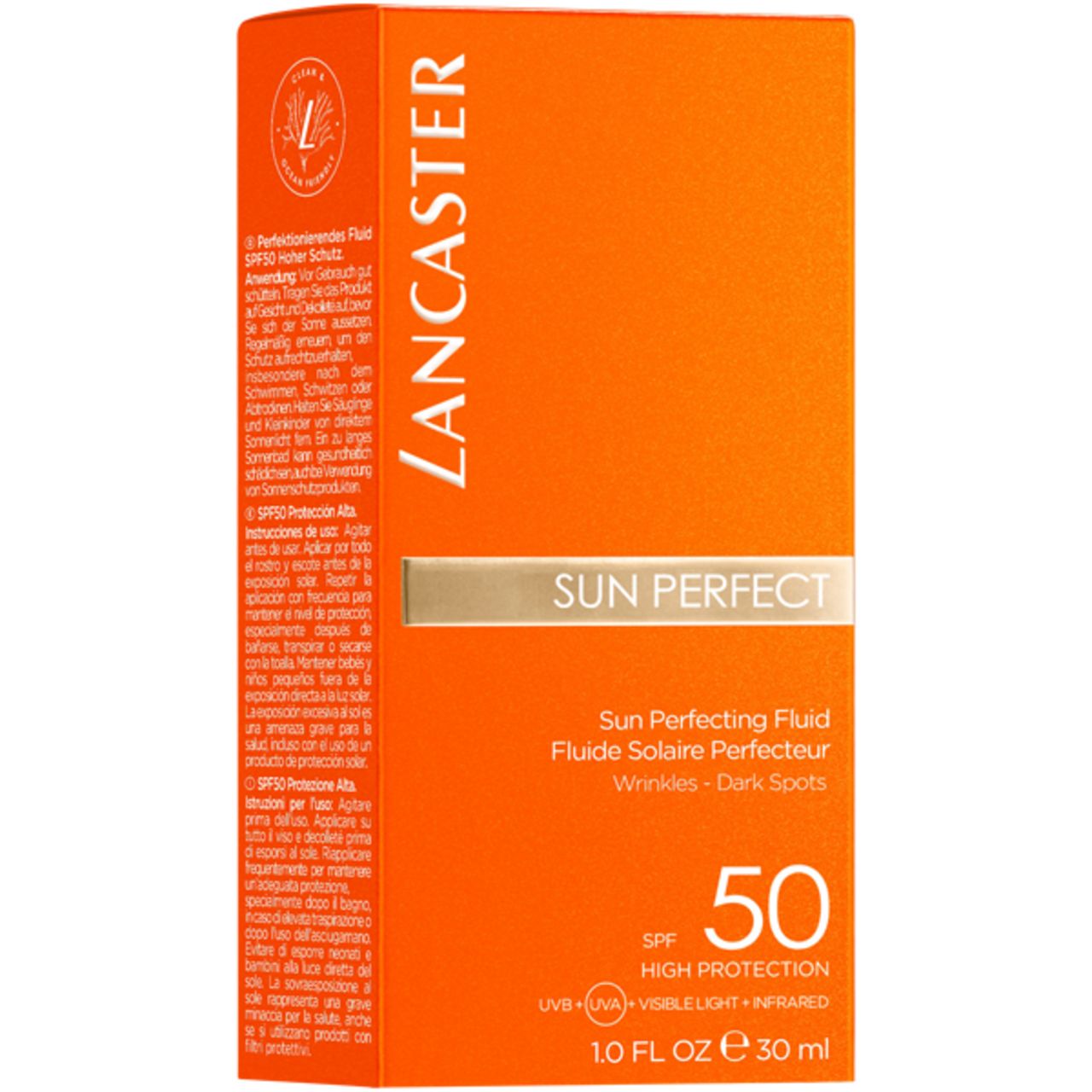 Scatola arancione con informazioni sul prodotto. Scritta: Lancaster Sun Perfect 50 SPF. Testo: Fluide Solaire Perfecteur, Wrinkles - Dark Spots.