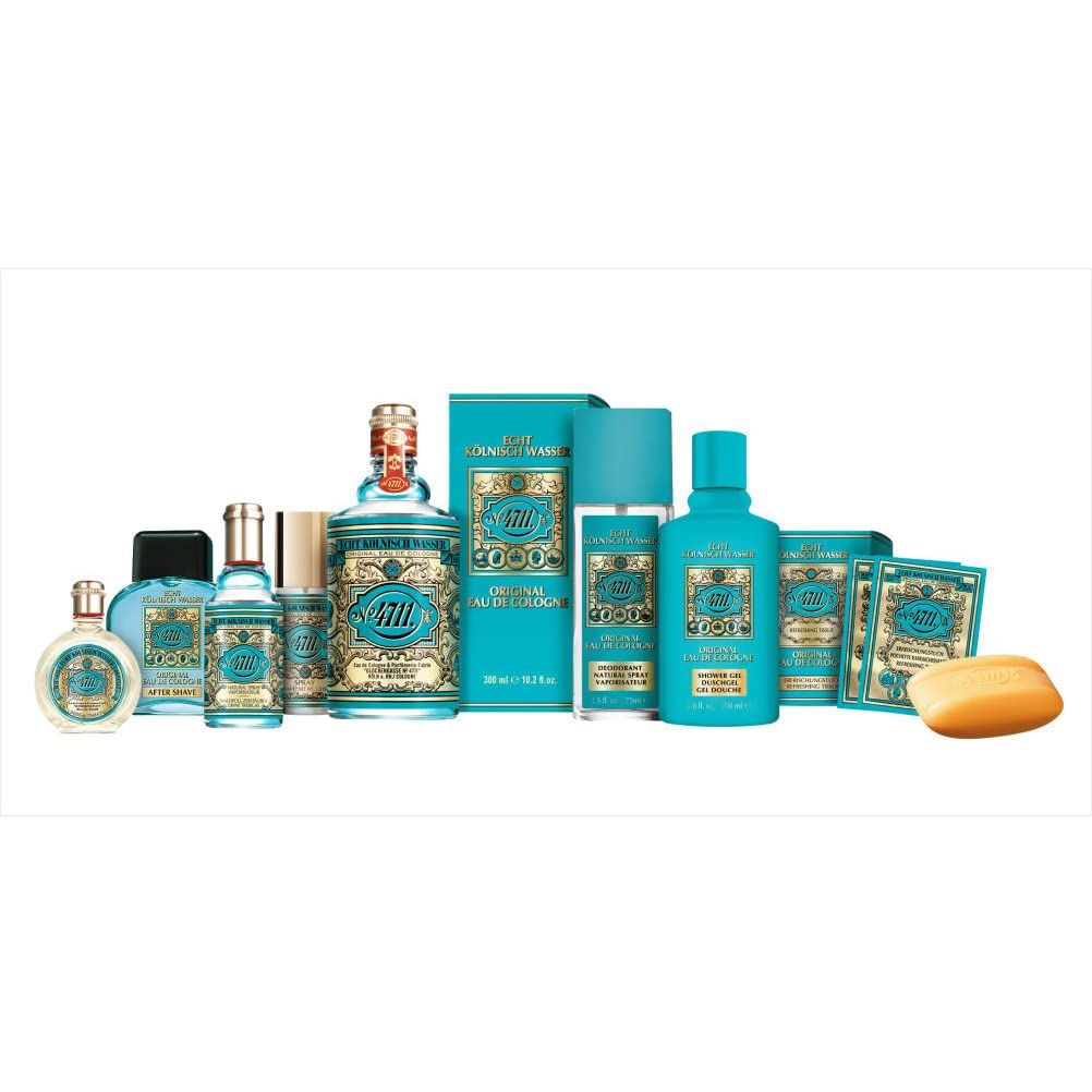 Vari prodotti 4711: flaconi, spray, sapone, dopobarba. Confezione turchese e oro.