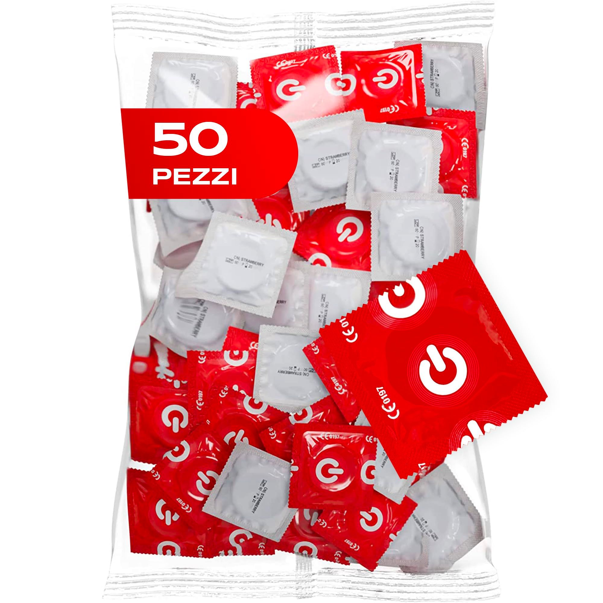 Preservativi rossi aroma fragola, 50 pezzi.