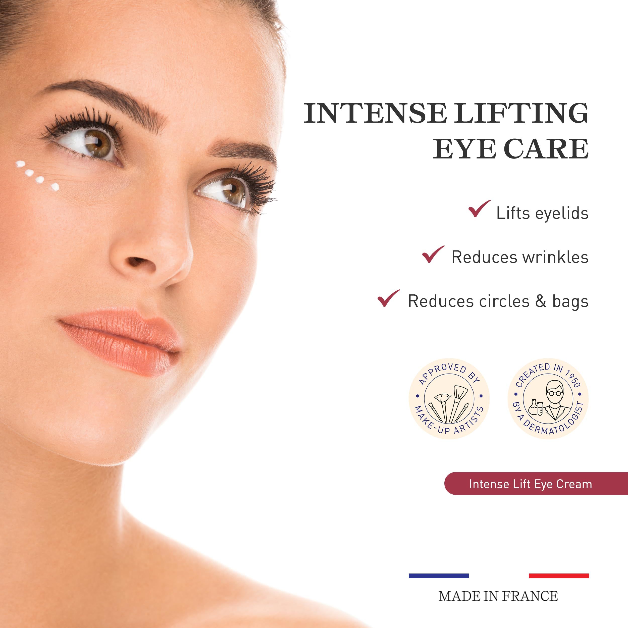 Donna con viso. Testo: Intense Lifting Eye Care. Riduce rughe, occhiaie e borse. Made in France.