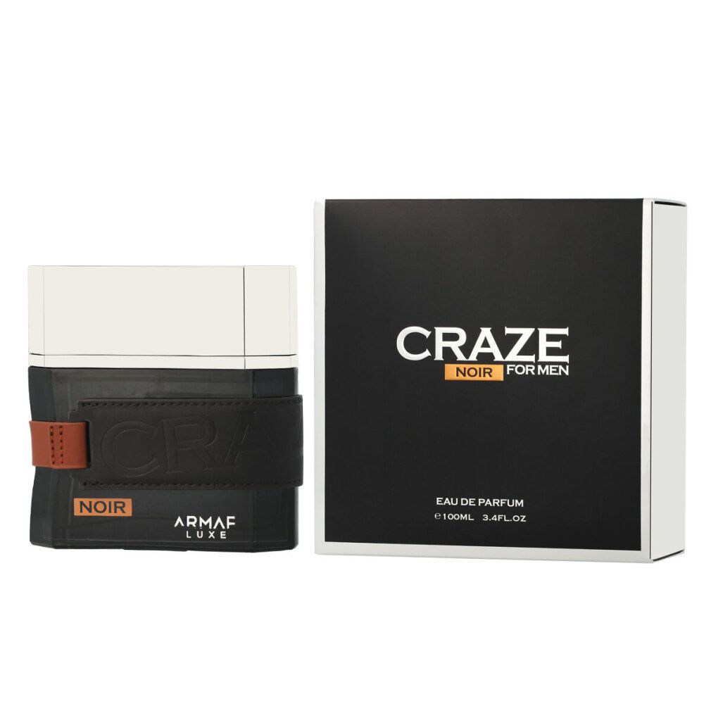 Flacone nero con cinturino in pelle marrone e confezione nera. Scritta: Craze Noir For Men, Eau de Parfum, Armaf.