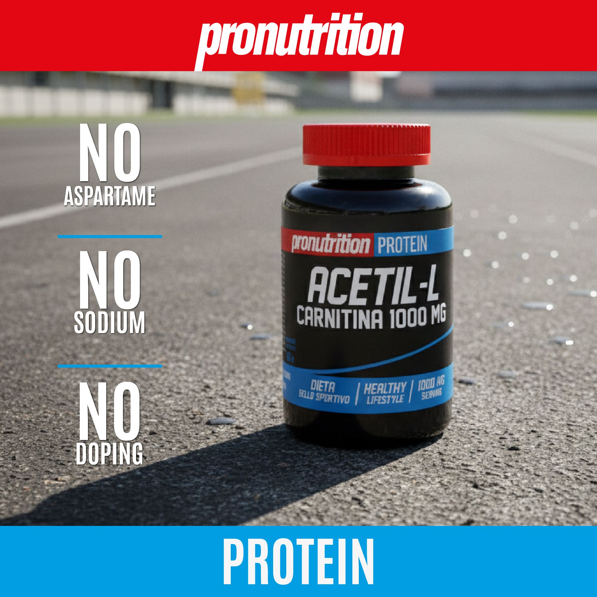 Flacone nero con tappo rosso. Scritta: Acetil-L Carnitina 1000 MG. Su asfalto. Senza additivi.