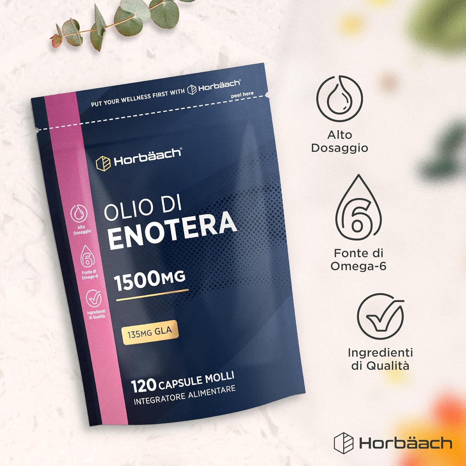 Confezione Horbaach Olio di Enotera, 1500mg, 120 capsule. Testo: 135mg GLA. Simboli: Alto Dosaggio, Fonte di Omega-6.
