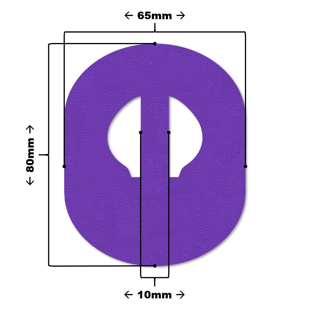 Cerotto viola con dimensioni: 80mm alto, 65mm largo, barra 10mm. Forma ovale con intagli. Superficie tessile.
