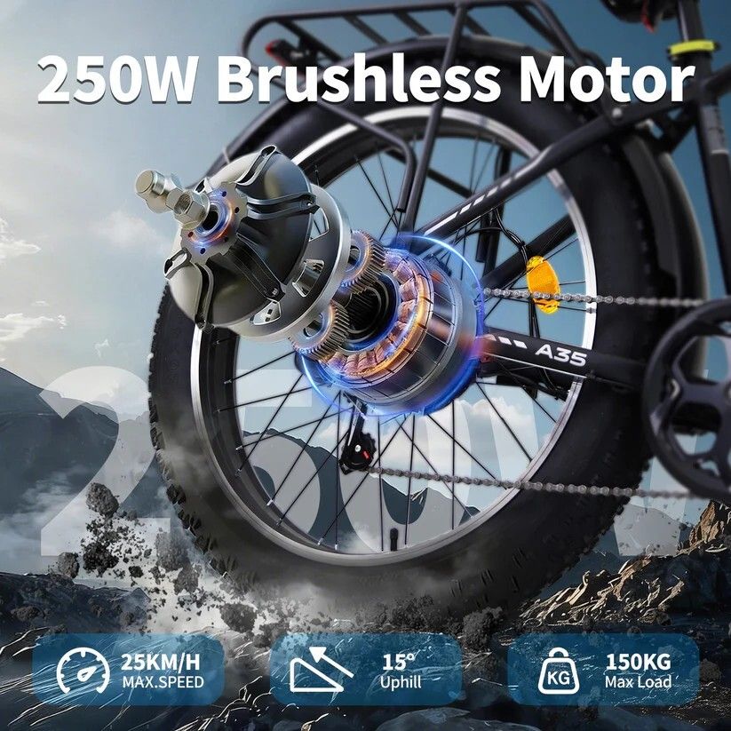 Primo piano della ruota posteriore di una bici elettrica. Mostra motore, ingranaggi e specifiche. Testo: Motore 250W, 25KM/H, 15° Uphill, 150KG Max Load.