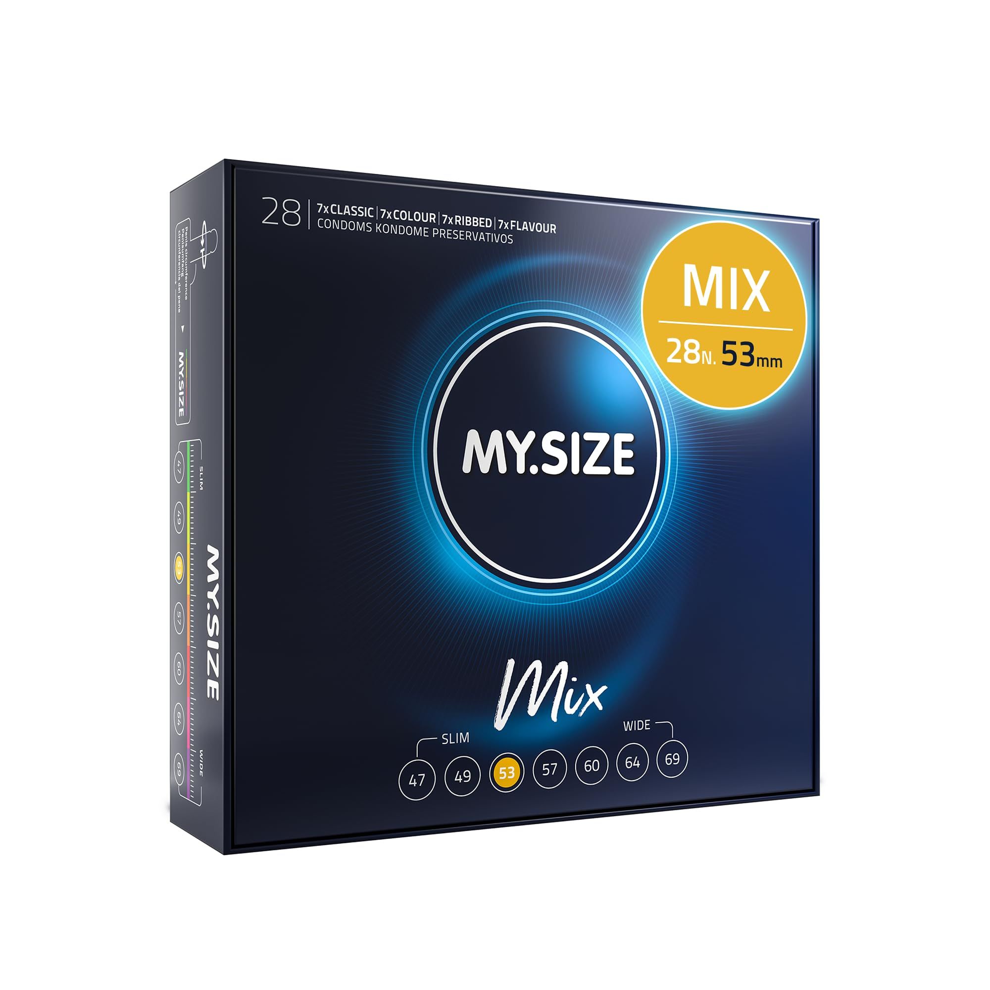 Panoramica taglie preservativi MY.SIZE: 47-69mm. App mostra taglia 53mm.