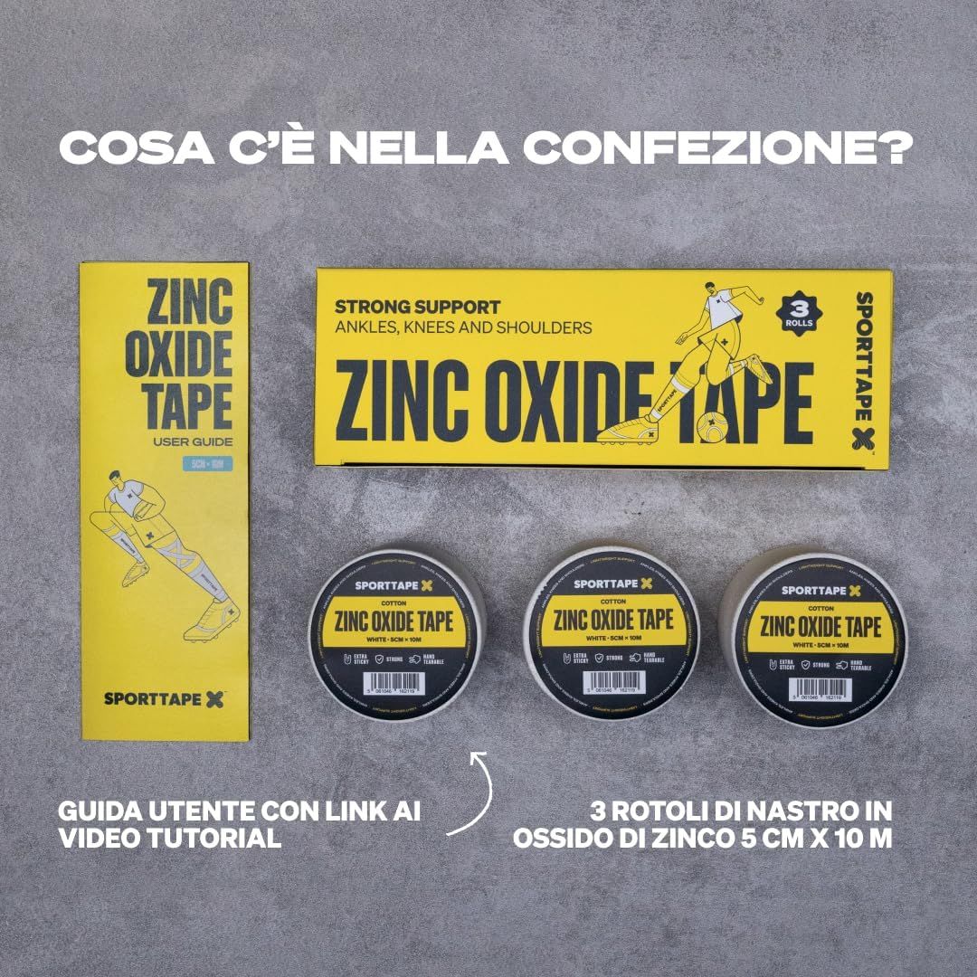 Contenuto della confezione: manuale utente e 3 rotoli di nastro di ossido di zinco.